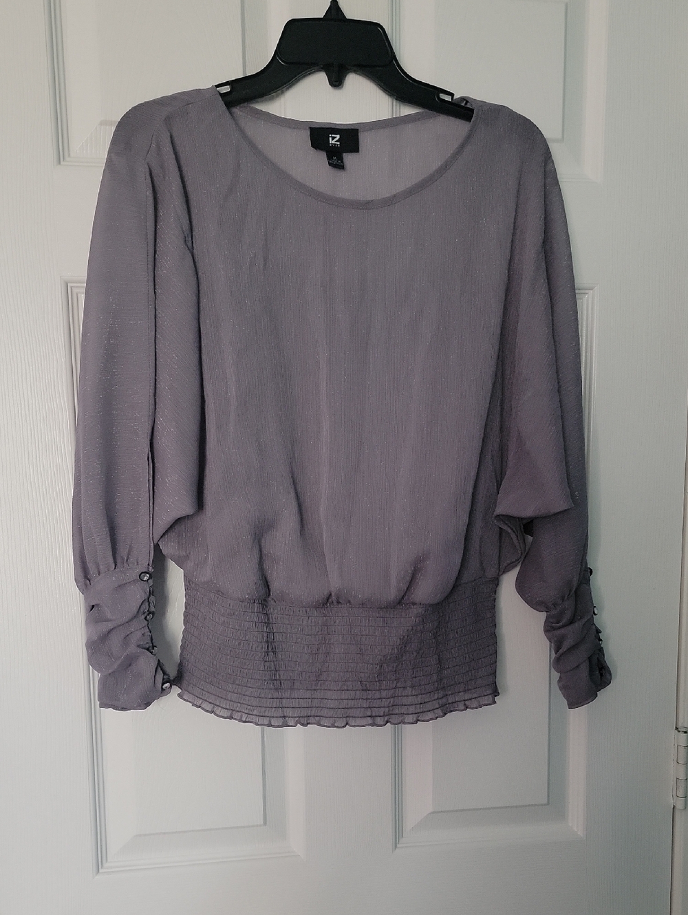 Iz Byer Dusty Lavender Long-Sleeve Smocked-Hem Blouse